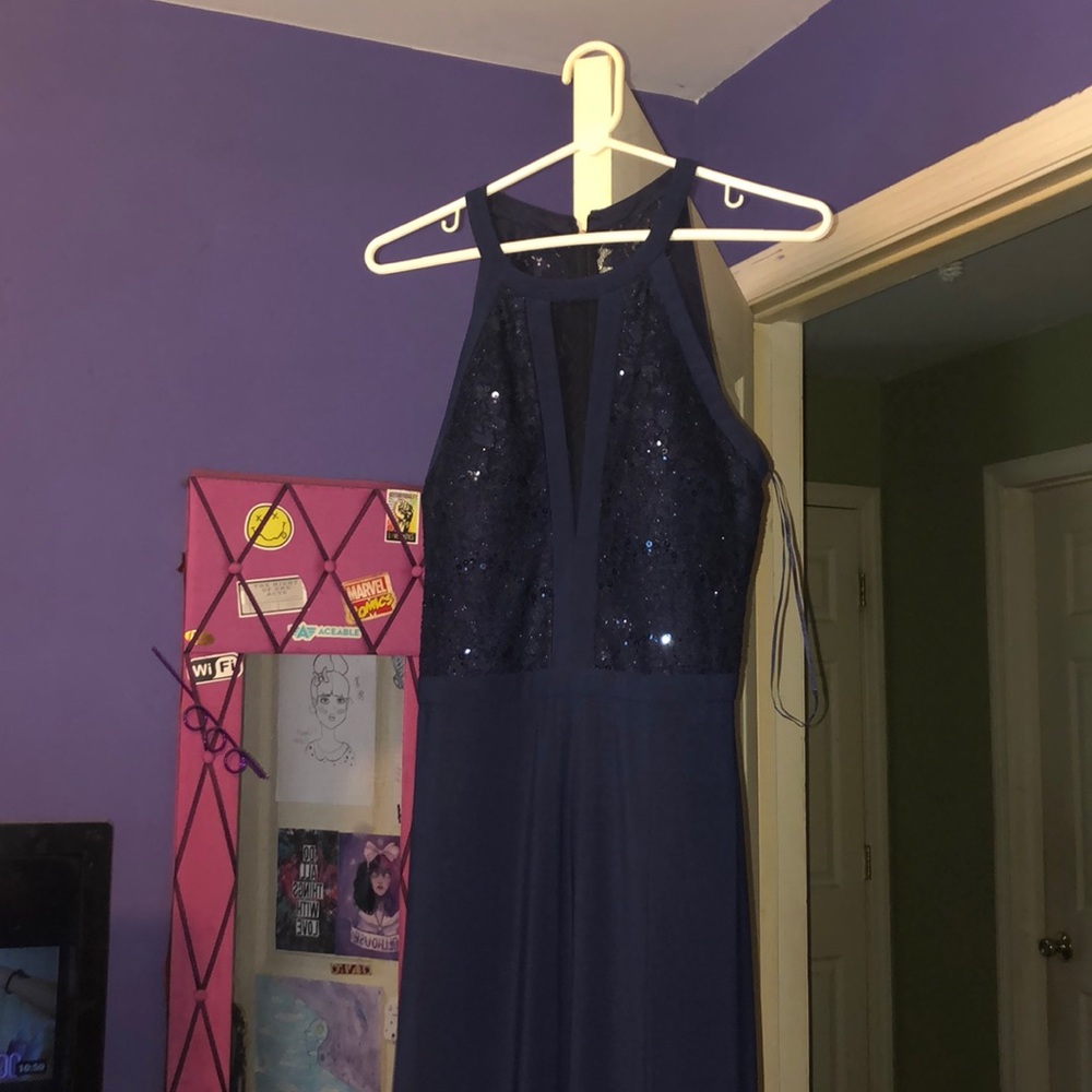 navy blue sparkly prom dress with slit